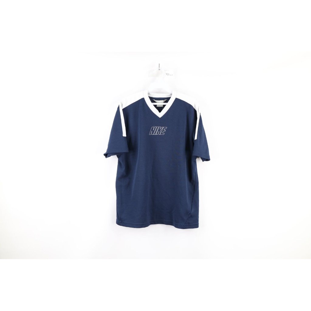 Vintage Nike Mens Large Block Letter Spell Out Center Logo V-Neck T-Shirt Blue